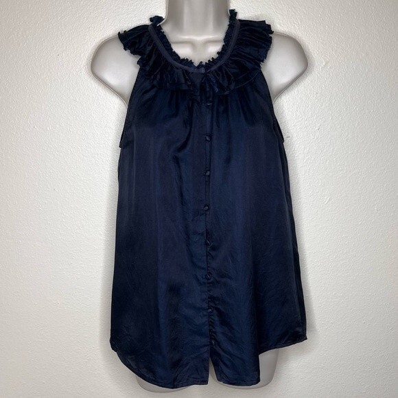Banana Republic Silk Blend Sleeveless Raw Edge Ruffle Neck Navy Top Women Small - Picture 11 of 11